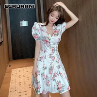 ecrurani vintage dress for women v neck puff short sleeve floral hit color high waist slim dresses female summer clothing 2021