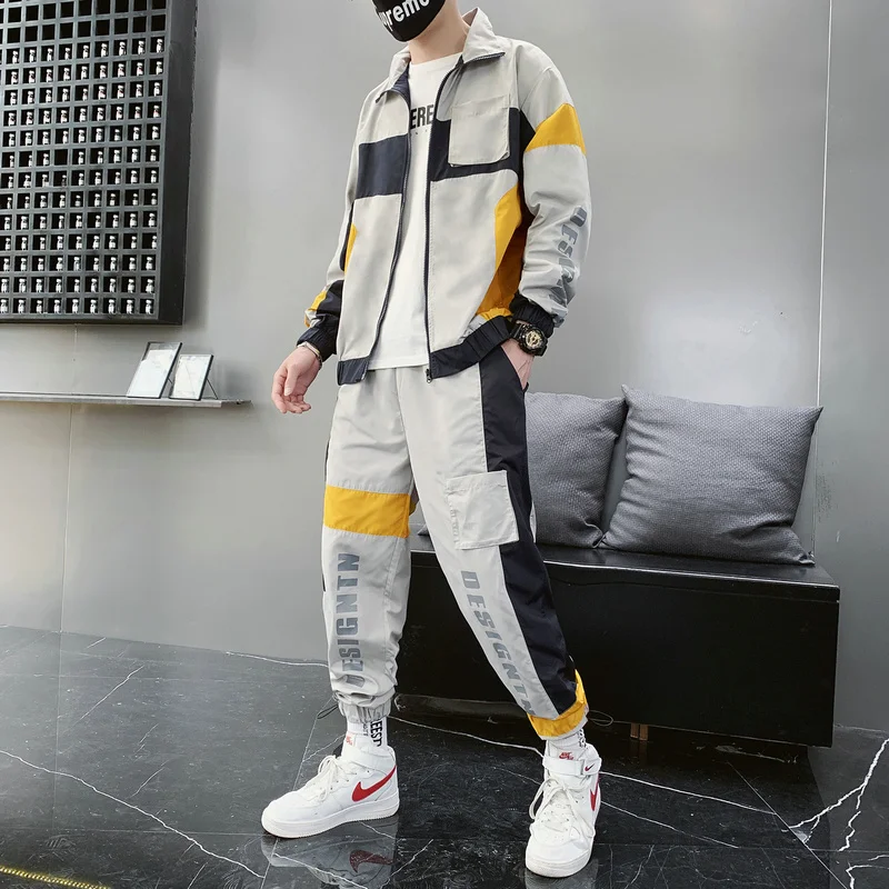 Мужские спортивные костюмы свободная повседневная куртка с принтом + штаны