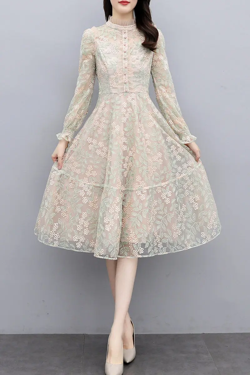 

2021 Spring New Embroidery Mesh Dress Fashion Temperament Long Sleeve Elegant Lady Slim Floral Work Dress Party Vestidos y1398