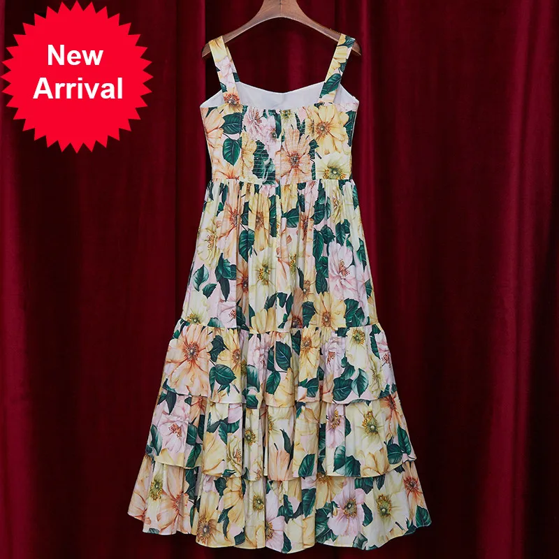 

2021 Summer Fashion Runway Cotton Dress Women Spaghetti Strap Floral Print Midi Tiered holiday Elegant Dresses