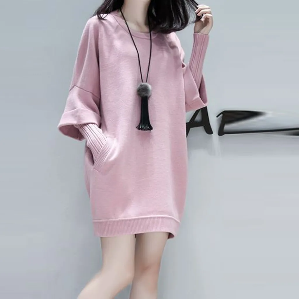 Knitted Women Dress Fashion O-Neck Fake Two-Piece Long Sleeve Pocket Pure Color Korean style Vestido LS*D | Женская одежда