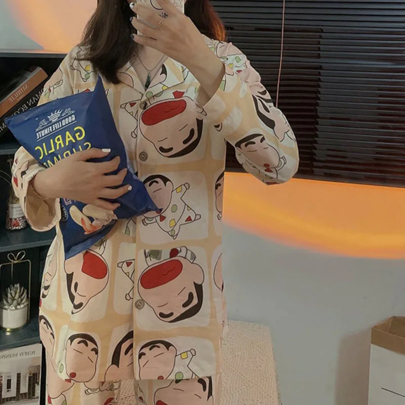 Long Sleeve Pajamas Autumn Trousers Suit Printing Cartoon Fashion Pyjama Set Large Size Nightwear Home Service