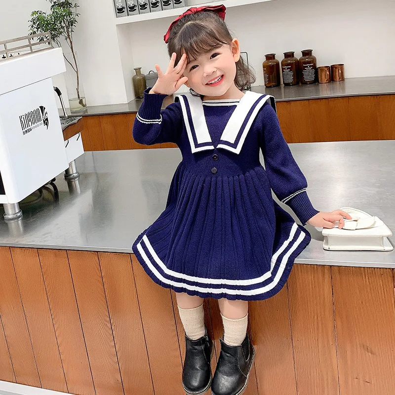 

KEAIYOUHUO Striped Contrast Color Dress For Girls 2020 Autumn And Winter New Navy Style Sweet Cute Lapel Pleated Skirt Casual