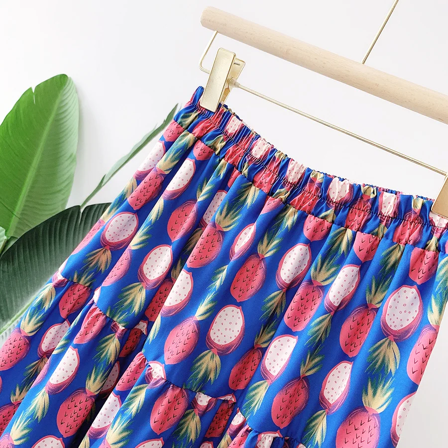 

GTGYFF Summer Elastic High Wait Skirts For Womens Female Holiday Fruit Print Midi A Line Blue Skirt Femme Faldas Largas Saias