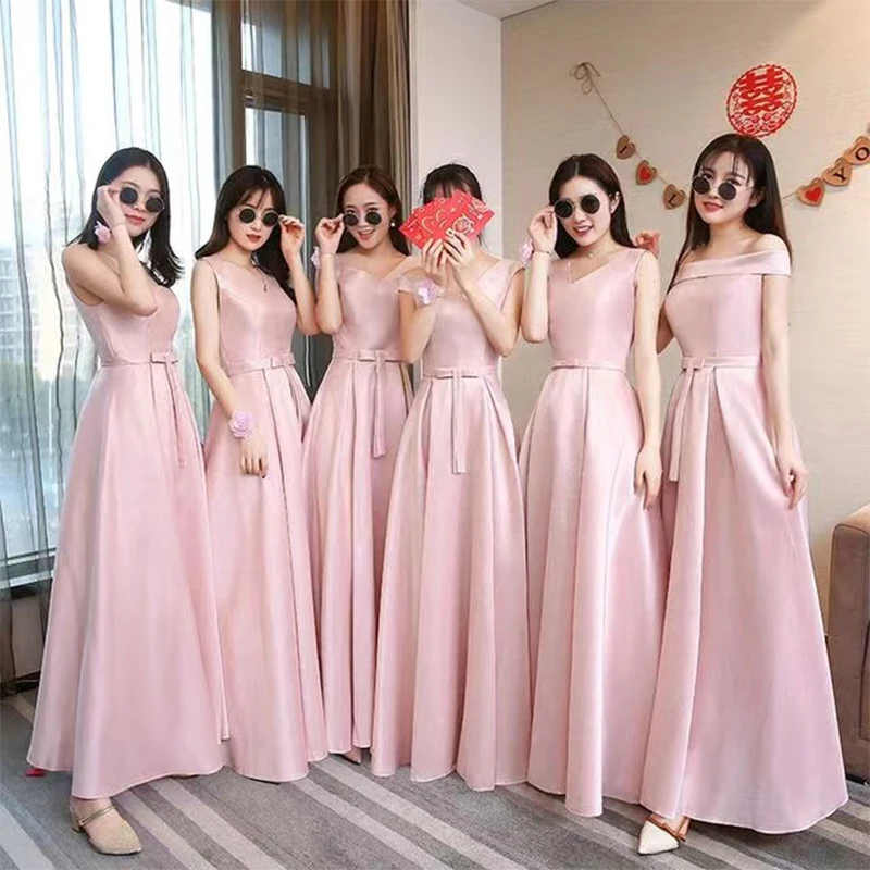 

Bridesmaids Dresses Vintage Short Boat-Neck Jersey Floor-Length A-Line Off The Shoulder Luxury Pink Lady Wedding Party Gown E644