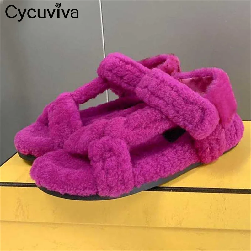 

Сандалии женские с открытым носком, меховые босоножки на толстой подошве, шерстяные босоножки на плоской подошве, модная Роскошная брендовая повседневная обувь, лето