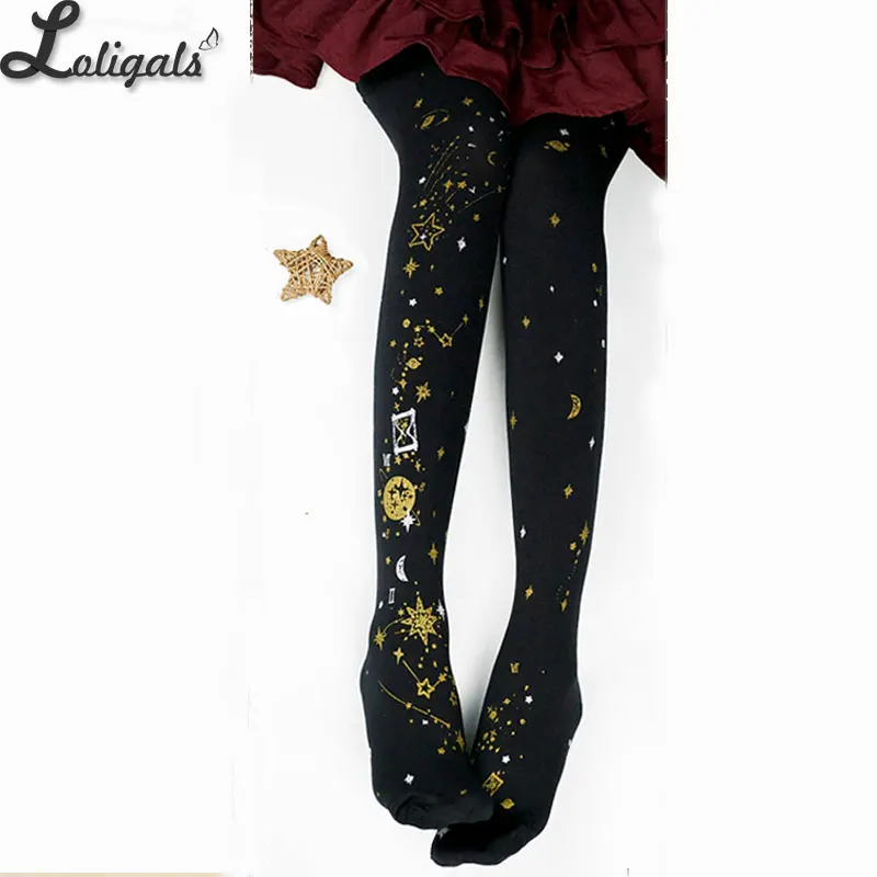 Лолита Колготки с рисунком Галактики милые темно синие/черные зимние