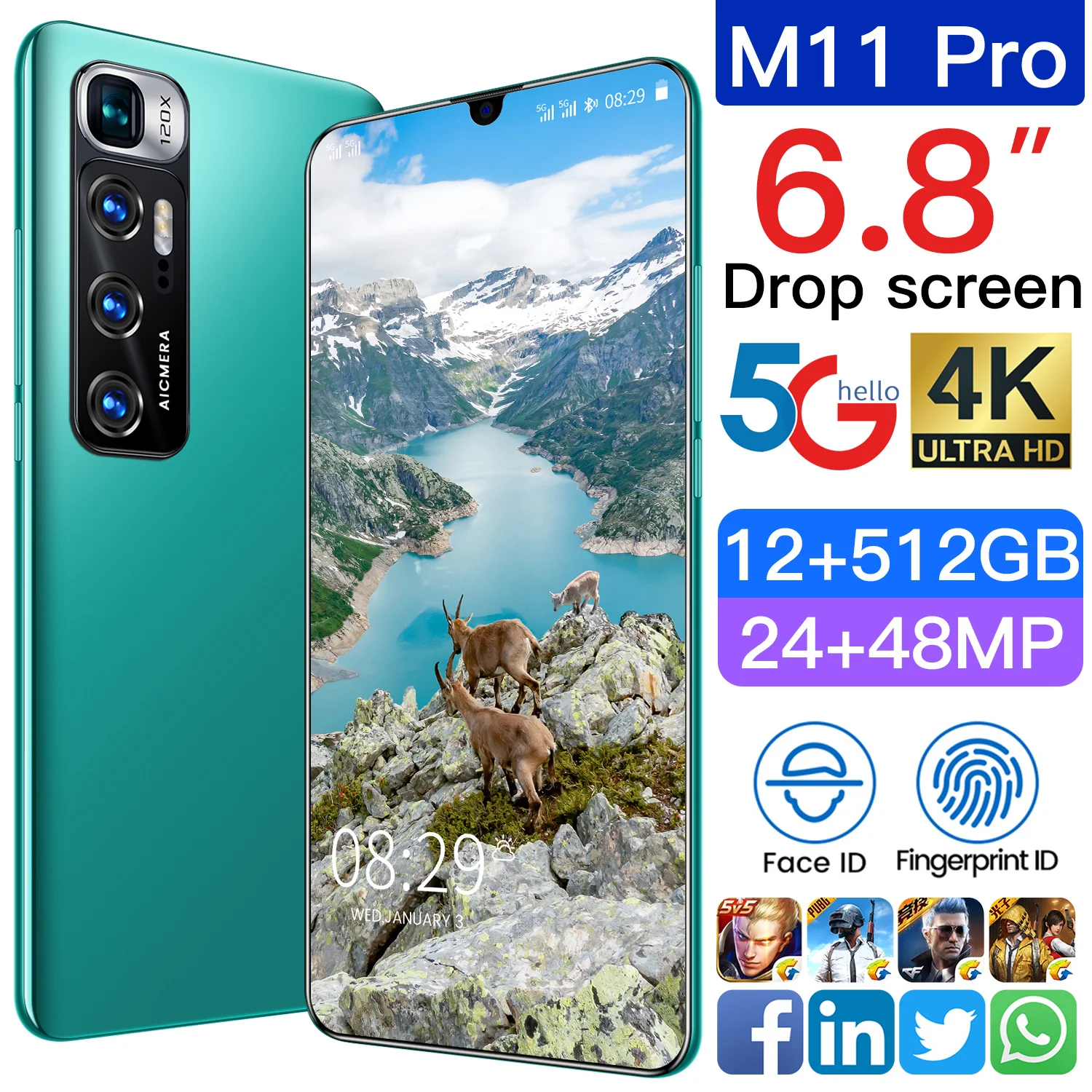 

Popular M11 Pro Global Version Cellphone 6.8 Inch Drop Screen 5000mAh Battery 12GB 512GB Snapdragon 888 24MP 48MP Android 11.0