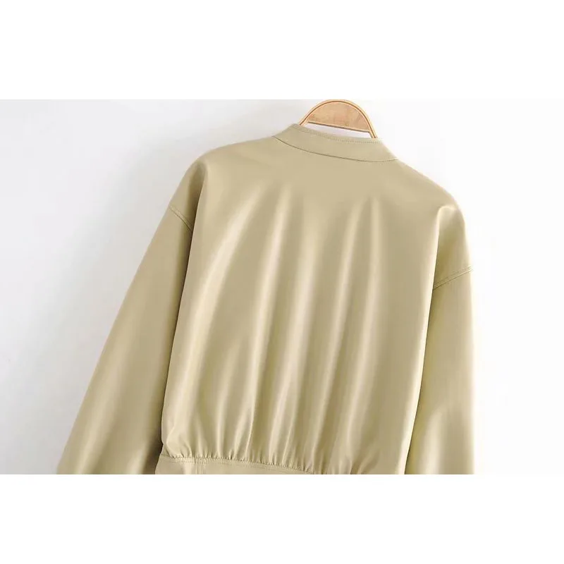 

Fashion Stand Collar Long Sleeve Single-breasted Fake Leather Women's Dress Vintage with Pockets Casual Chic Female Mini Dresses