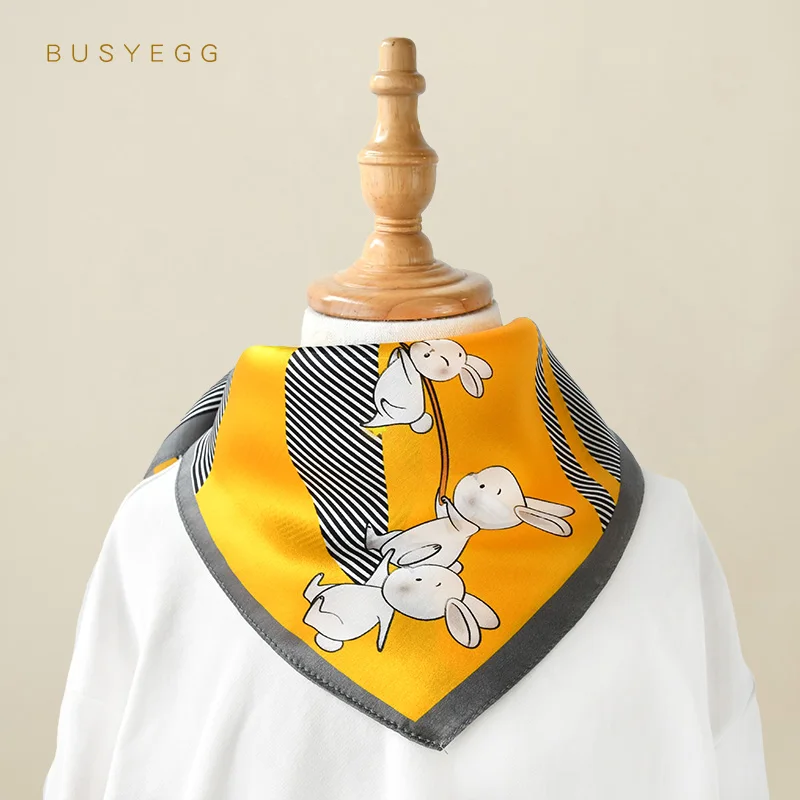 

Cartoon yellow rabbit 50cm square fashion silk scarf for girls 100% real silk high quality head scarves lady luxury gift schal