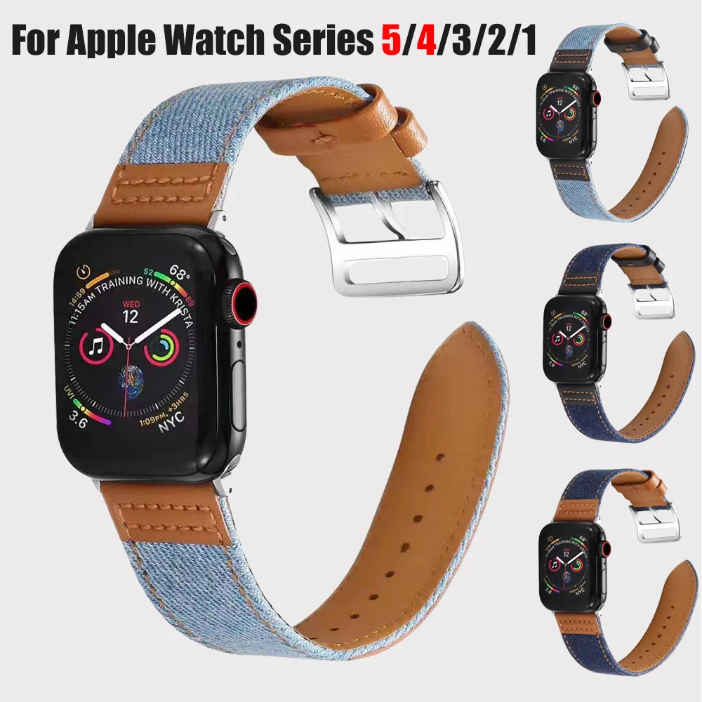 

Ремешок сменный джинсовый для Apple Watch Band Series 5 4 3 2 1, кожаный брезентовый браслет для iWatch 44 мм 40 мм 42 мм 38 мм