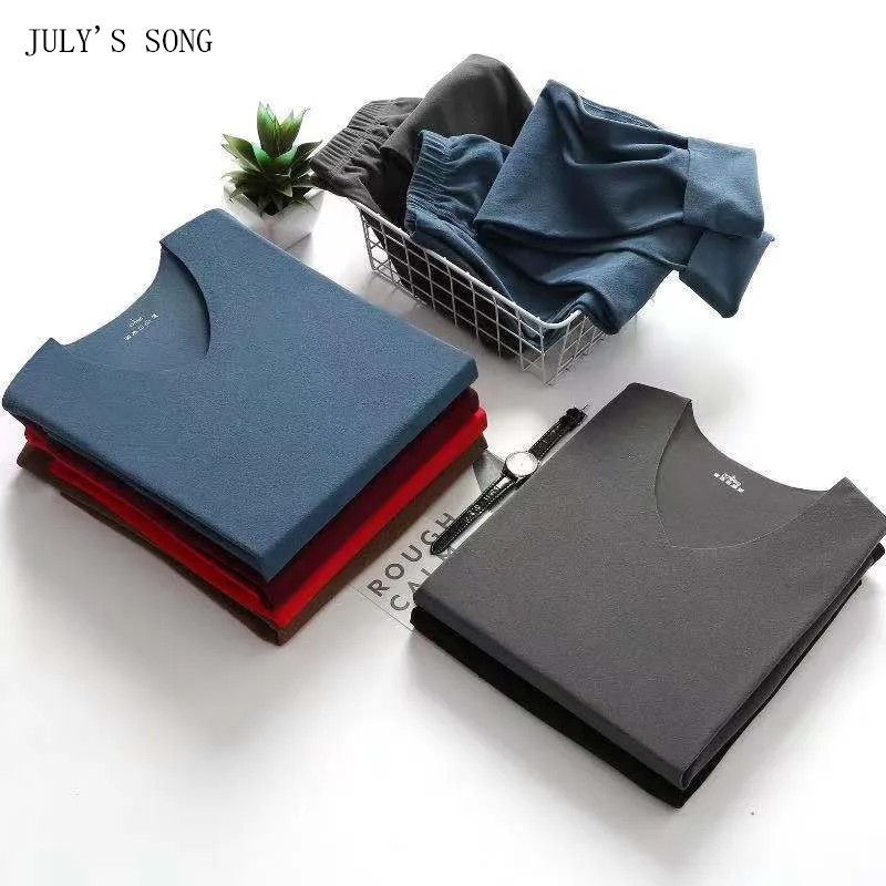 

JULY'S SONG Men 2 Pieces Slim Thermal Uunderwear Soft Adult Autumn Winter Pajamas Sets Elegant Soild Color Nightwear Vintage
