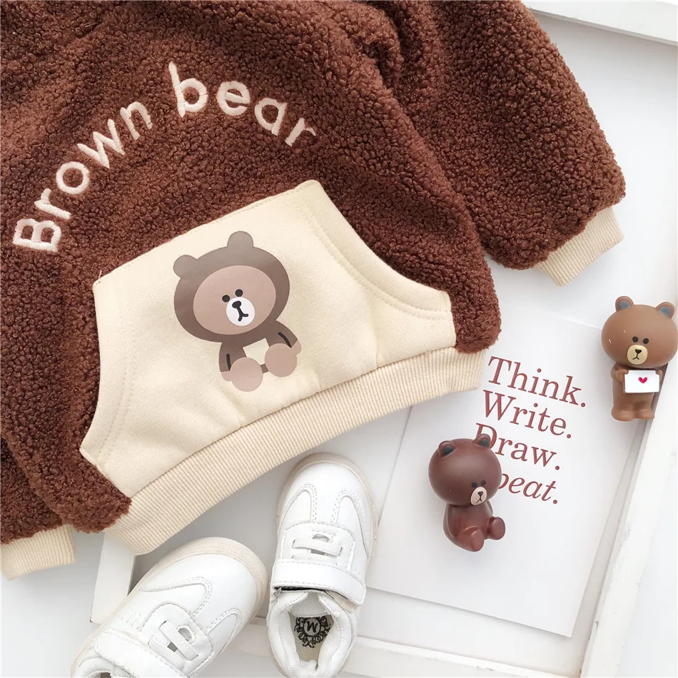 Tonytaobaby/Новинка; зимняя детская одежда для мальчиков и девочек; флисовая толстовка с капюшоном с изображением медведя и кролика
