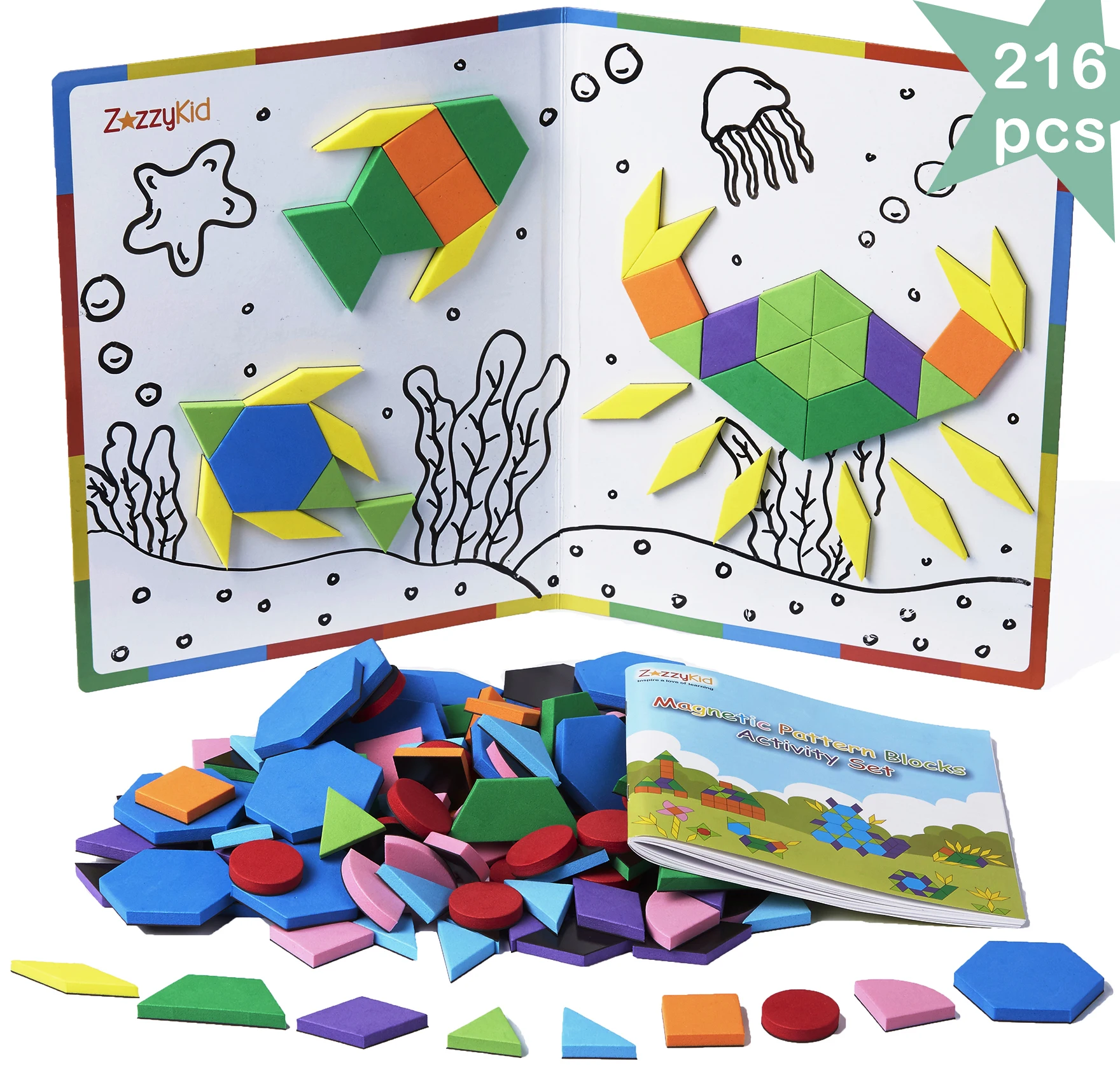 

ZazzyKid Kids Magnetic Pattern Blocks Set: 216 PCS Geometric Shape Puzzles Tangram - STEM