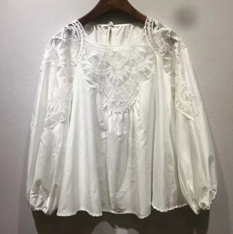 Blusas Feminino 2022 Spring Summer Fashion Tops Women Lurex Embroidery Deco Long Sleeve Casual White Black Loose Tops Blouse