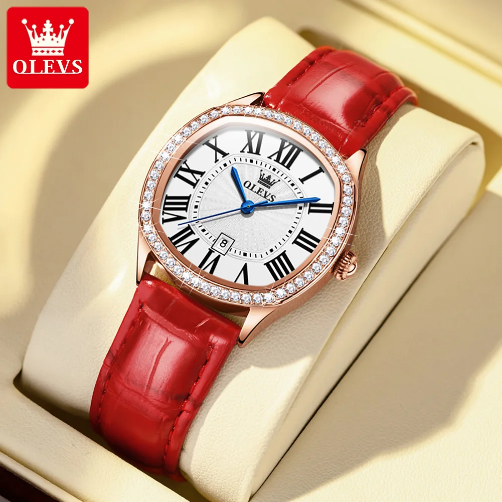 OLEVS Rose Gold Diamond Women Watches Ultra-thin Luxury Fashion Ladies Quartz Watch Roman Dial Red Leather Reloj Mujer New enlarge