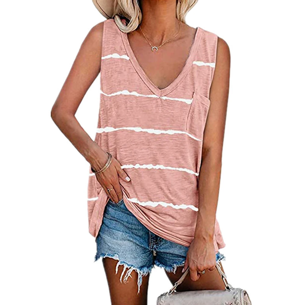 

Fashion V-neck Stripe printing T-shirt Ladies Sleeveless Vest T-shirt Casual Ladies Tops Women Summer Fashion 2021 Tops D30