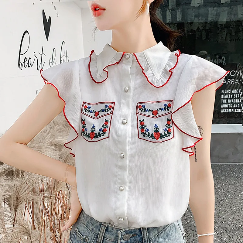 2019 летние новые модные женские топы кукольный воротник вышивка рубашка женская с