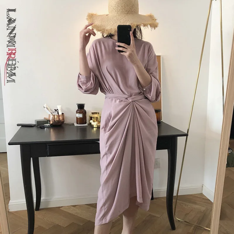 

LANMREM Women Pink Bandage Mid-long Dress New Round Neck Half Sleeve Loose Fit Fashion Temperament autumn winter 2021 2E1537