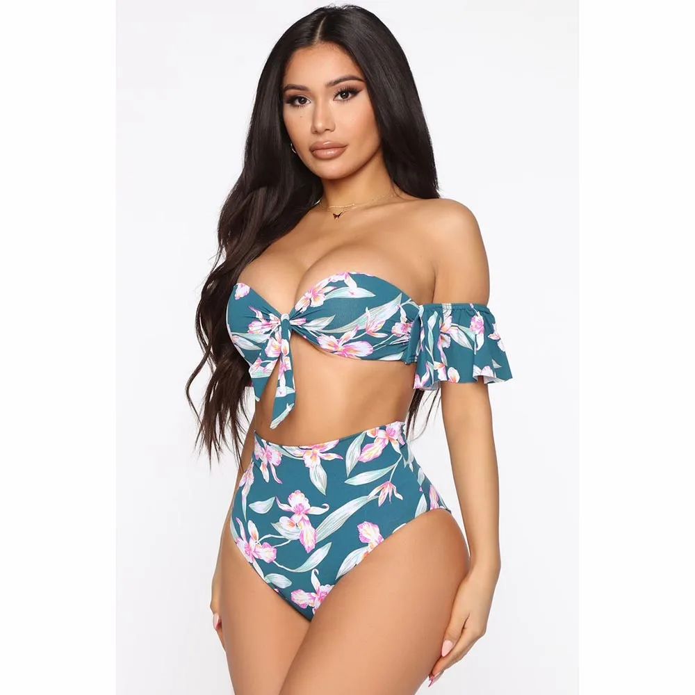 

Plus Size S-4XL 5XL Print Bathing Suit Sexy Off Shoulder Women Swimwear European Style Push Up Swimsuit High Waist Biquini