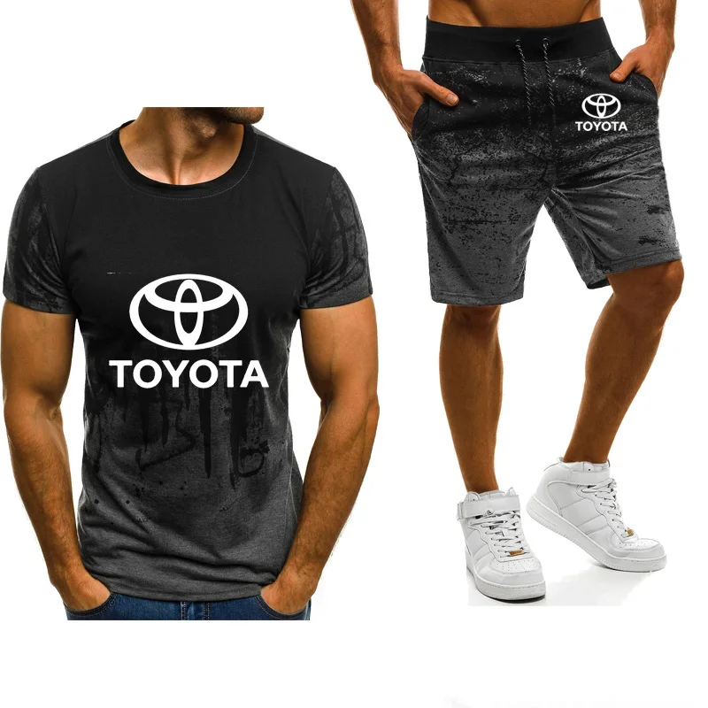 

2021 New Summer Men's short sleeve Toyota Car Logo Printed Gradient High Quality Cotton casual Mens T-Shirt Pants Suit 2Pcs