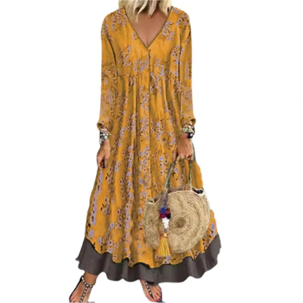 

Women Dress Vintage Pattern Print V Neck Autumn Winter Fake Two Piece Ruffles Hem Dress for Vacation Winter Dress Vintage Dress