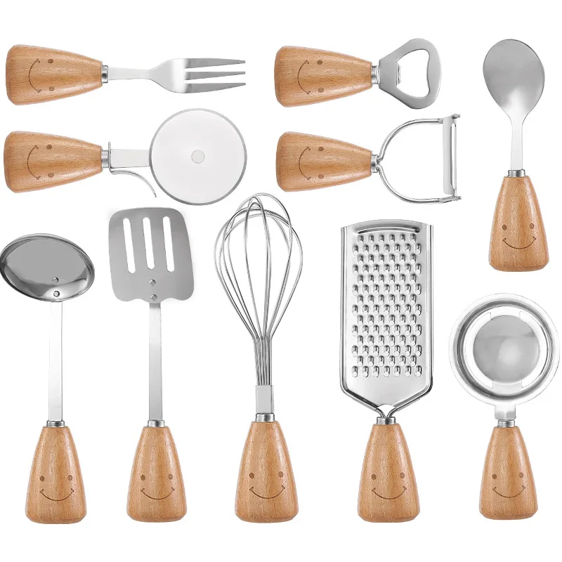 

Stainless Steel Smiley Wooden Handle Kitchen Gadget 11 Sets Cooking Kitchen Tools Kitchen Utensils wooden cooking utensils
