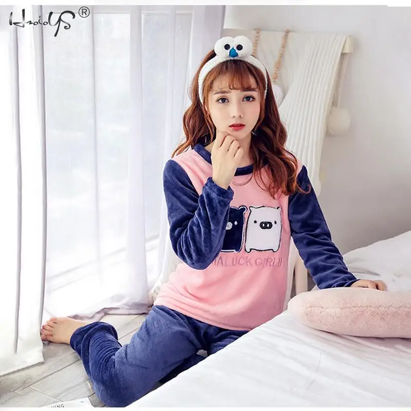 Winter Pajamas Set Women Sleepwear Warm Flannel Long Sleeves Pink Cute Animal Homewear Thick Home Suit Cartoon Pyjamas | Женская одежда