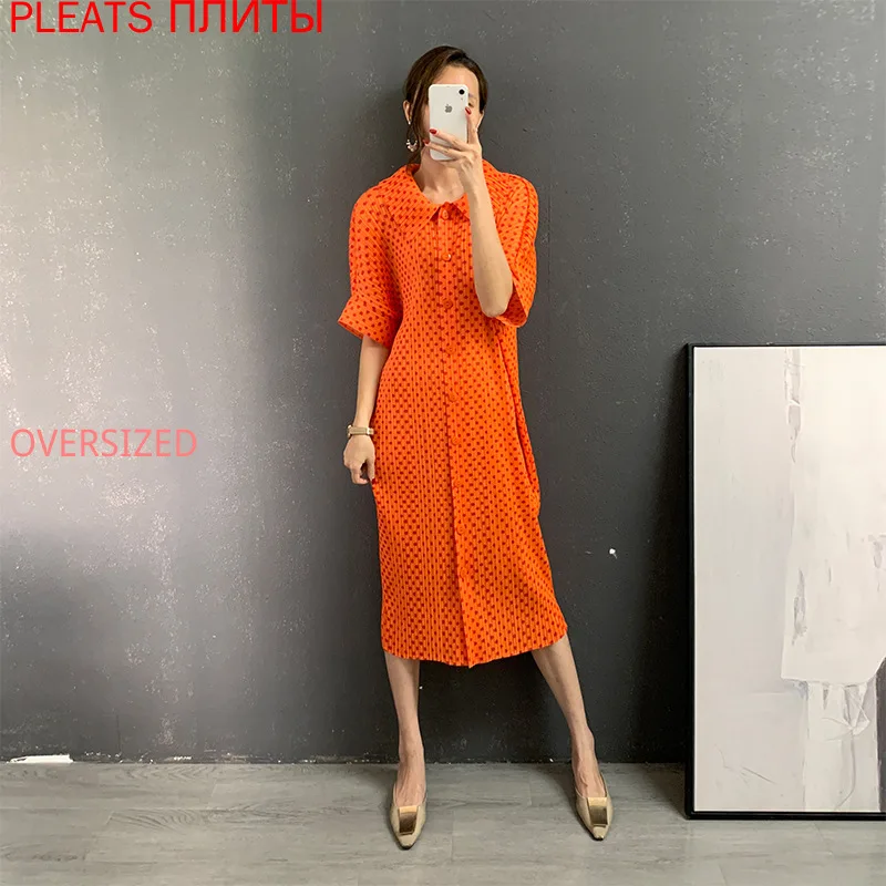 Miyake Folds Seaside Holiday Dress Niche Autumn New Sweet Temperament Polka-dot Short-sleeved Long Dress PLEATS Vestido