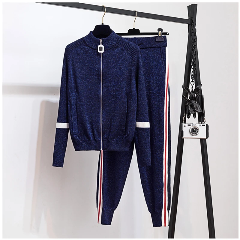 Amolapha женские блестящие вязаные кардиганы на молнии + полосатые брюки 2 шт.