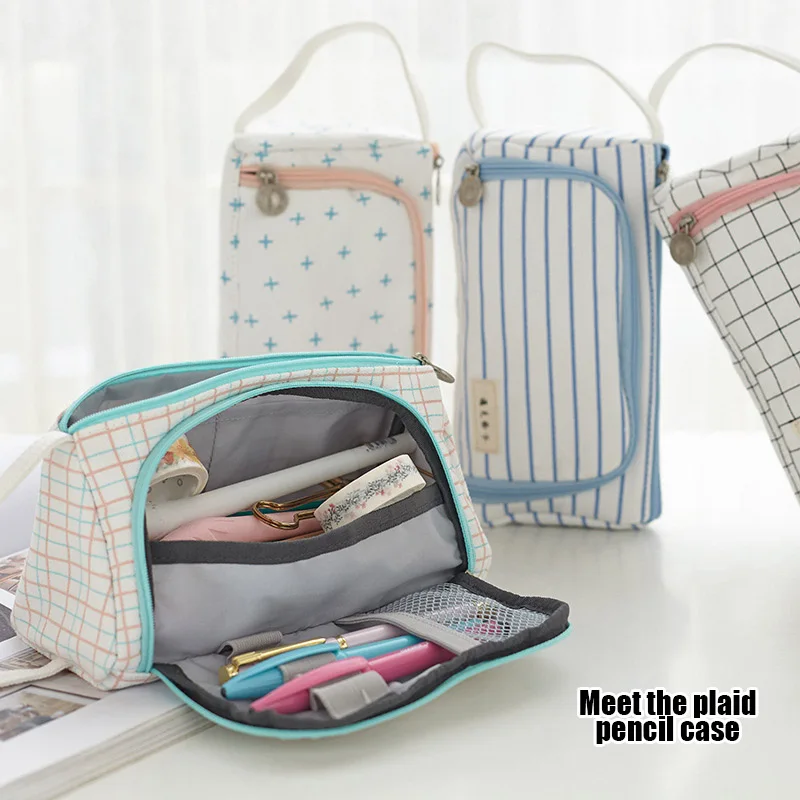 

Plaid Pencil Case Multifunction Portable Large Capacity Simple Storage Bag ND998