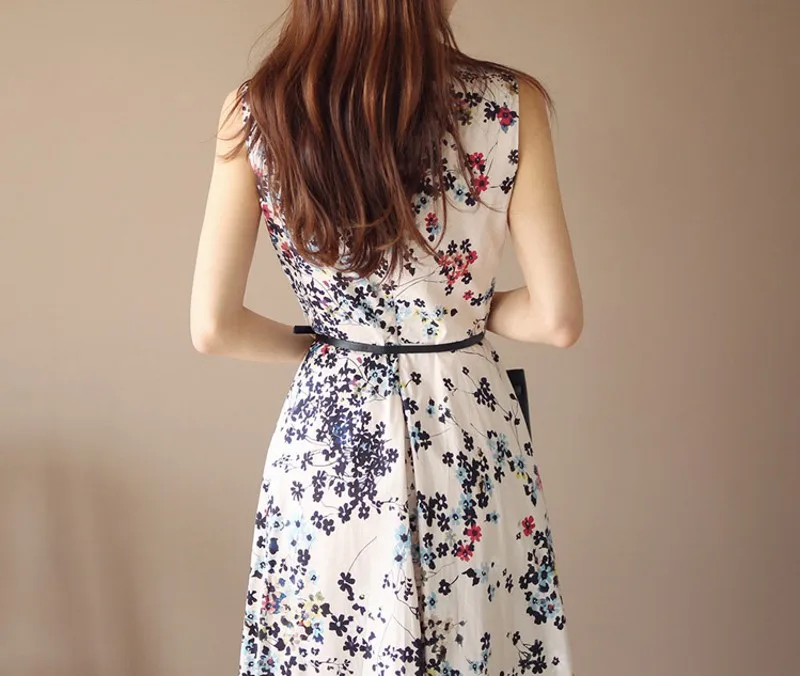 

High Quality Summer Knee Length Dress Women Floral Print Dress V-Neck Short Sleeve Retro Elegant Sexy Dress