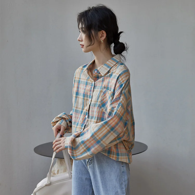 Осенняя свободная клетчатая рубашка в Корейском стиле 2021 | Женская одежда