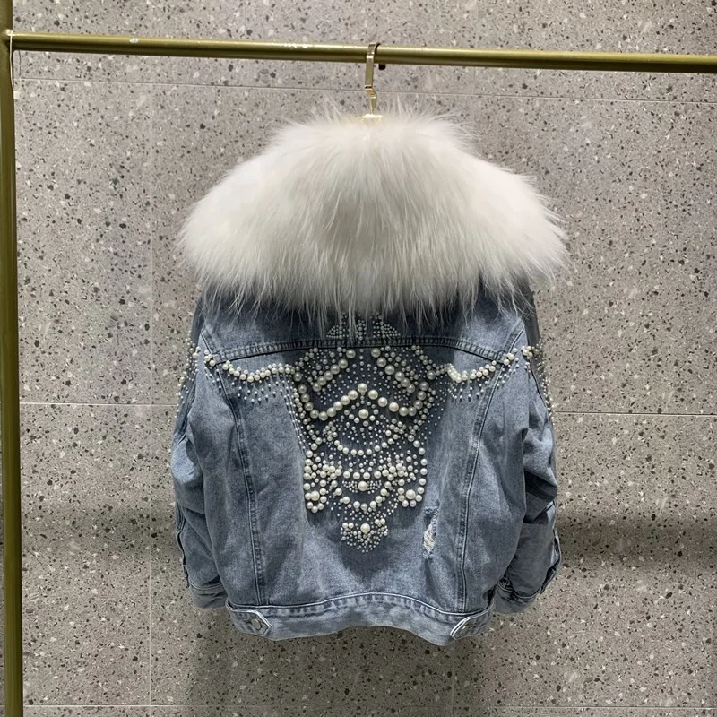Enlarge High-Quality Heavy Industry Beaded Coat 2022 New Female Winter Detachable Liner White Raccoon Dog Fur Collar Denim Down Jacket