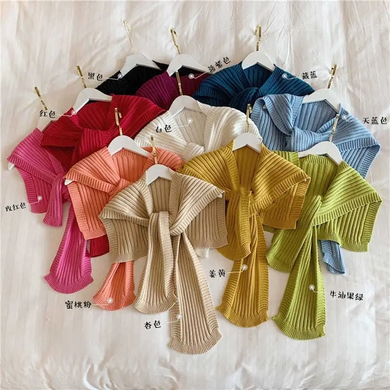 

2020 Autumn New Knitted Retro Cloak Shawl Women's Outer Wear Foreign Style Waistcoat Blouse Solid Color Wild Knotted Fake Collar