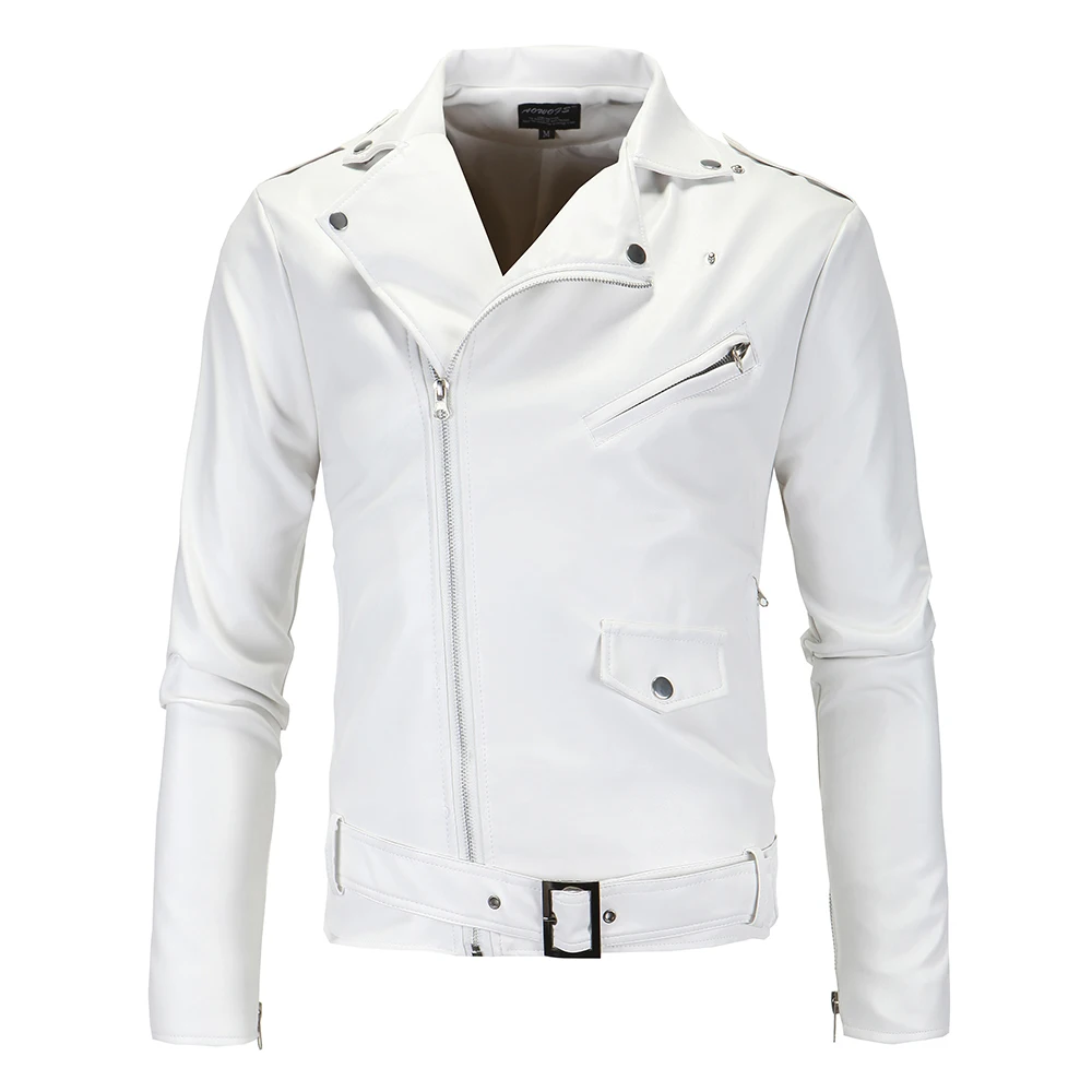 

Men Slim White Leather Jackets Oblique Zipper Motorcycle Jackets New Men Outwear Moto Biker Leather Coats Size 4XL