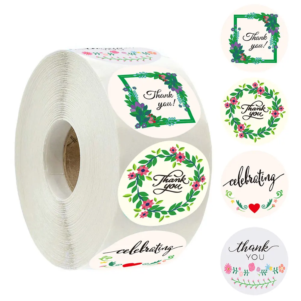 

500Pcs Seal Stickers Thank You Stickers DIY Decorations Green Floral Patterns Roll Stickers Handmade Stationery Sticker