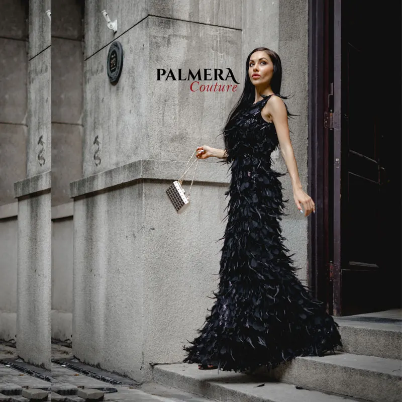 Palmera Couture без рукавов платье украшенное перьями и блестками длина до пола