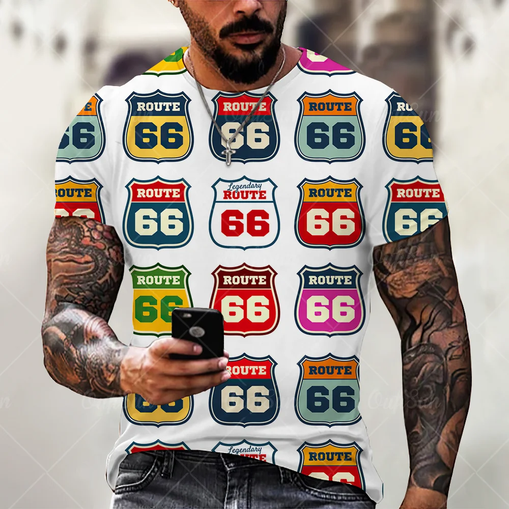 

New Men T-shirt Street Style 3D Printing Clothes Retro Short-sleeved Fashion 66 Letter Printing O-neck Men's Oversized T-shirt