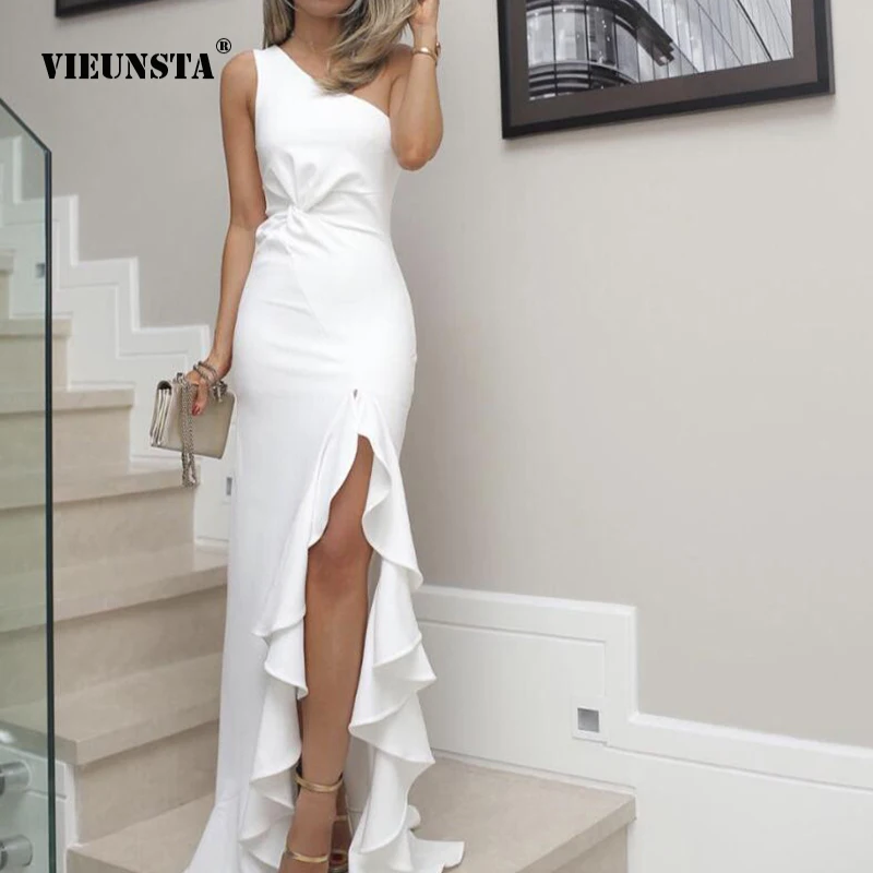 

Party Banquet Net Red Temperament Elegant Evening Dress Summer Oblique Shoulder Ruffle Swing Sexy Split Fork Solid Color Dress