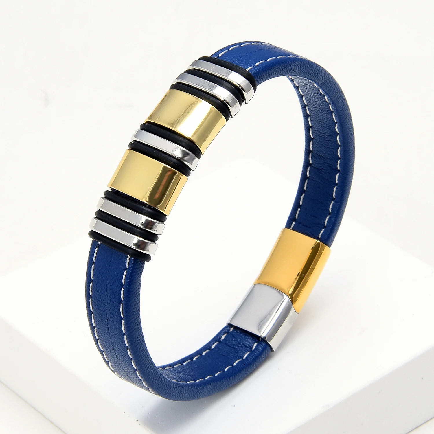 

Blue Genuine Leather Bracelet Men Stainless Steel Metal Accessories Classic Jewelry Charm Women Bracelets Bangles