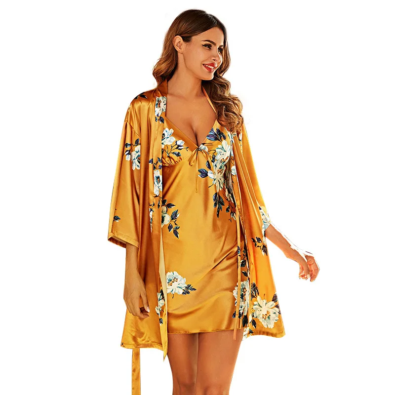

New ice silk pajamas women's summer sexy sling suit home service nightgown morning robe two-piece suit