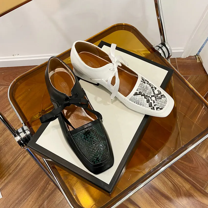 

Fanyuan 2021 Cut Outs Square Toe Lace Up Female Square Heels Spring Autumn Fashion Snakeskin PU Women Shoes Size 32-46