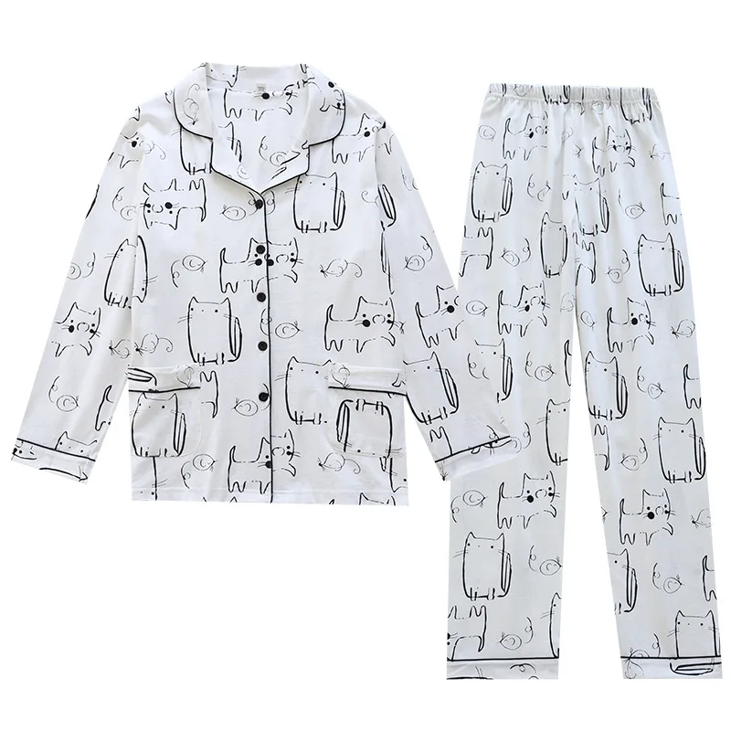 

2021 White Cotton Pajamas For Women Spring Long Sleeve Home Clothes Cartoon Cat Sleepwear Female Two Piece Set Summer Homewear