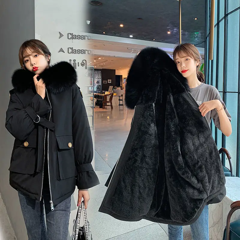 

2021 New Hooded Parkas Women Thickening Cotton Coat Female Slim Fur Collar Winter Long Sleeve Casual Jacket for Women Q329