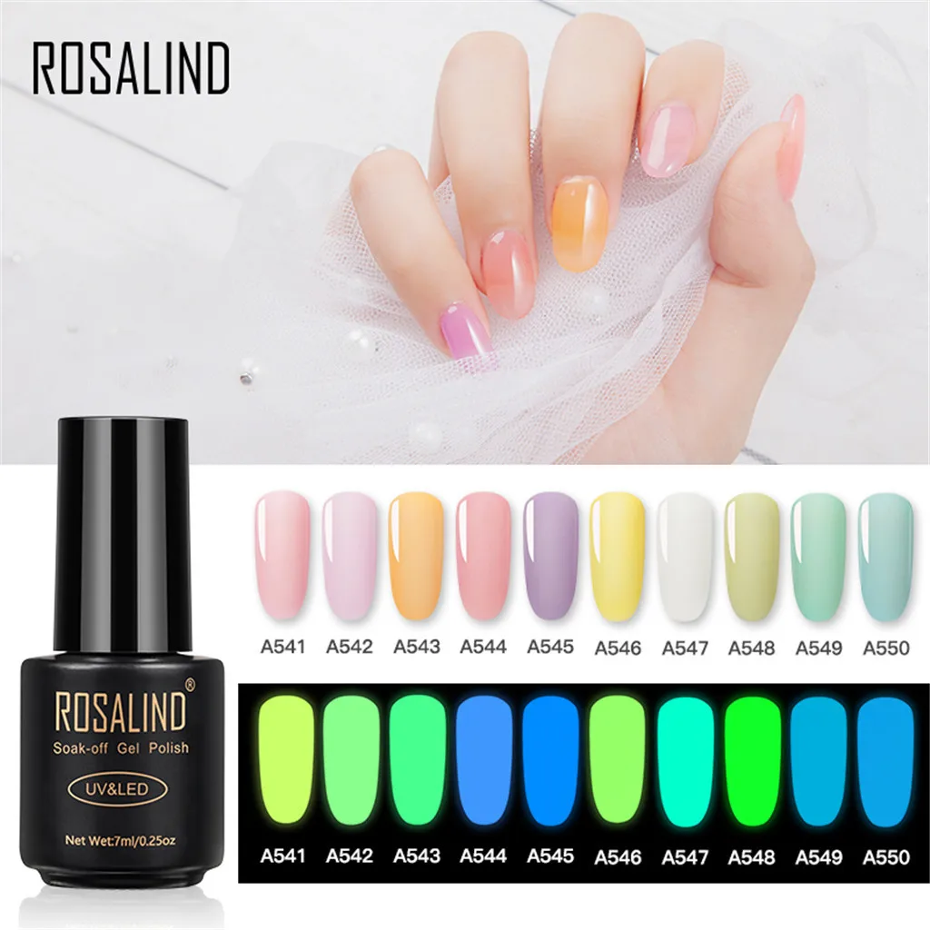 ROSALIND 7 мл Гель-лак для ногтей светящийся гель Яркий для дизайна ногтей маникюрный дизайн светодиодный/УФ лампа для украшения ногтей верхнее Базовое покрытие