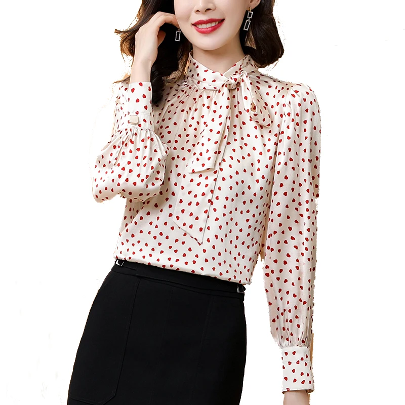 

Женская рубашка из 92.5% шелка и 7.5% спандекса с бантом на воротнике и длинными рукавами, Модный свитшот с принтом, пуловер, блузка, топы