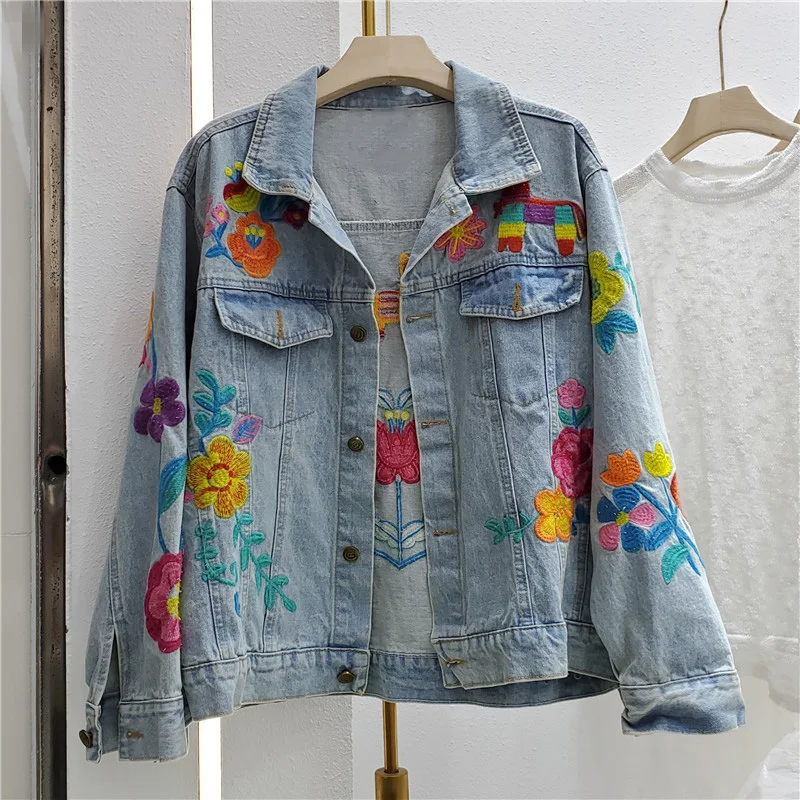 

New BF Harajuk Loose Denim Jacket Women Embroidery Jeans Coat Hip Hop Single Breasted Jeans Jacket Casual Women Jacket Overalls