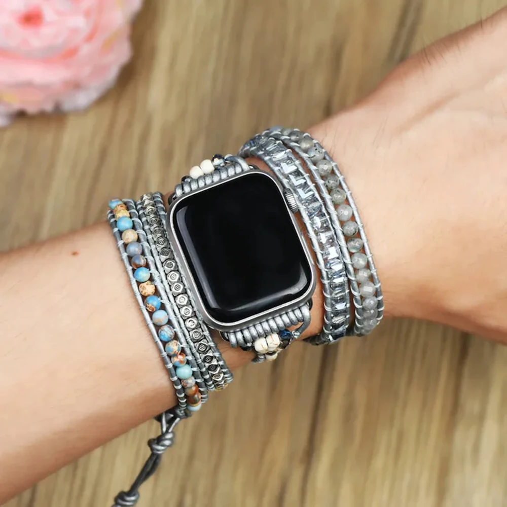 Bohemian Watch Band Women Men Boho Bracelet Strap for Apple Watch Retro Mixed Natural Stones Jewelry Multi Wrap Bracelet Gift