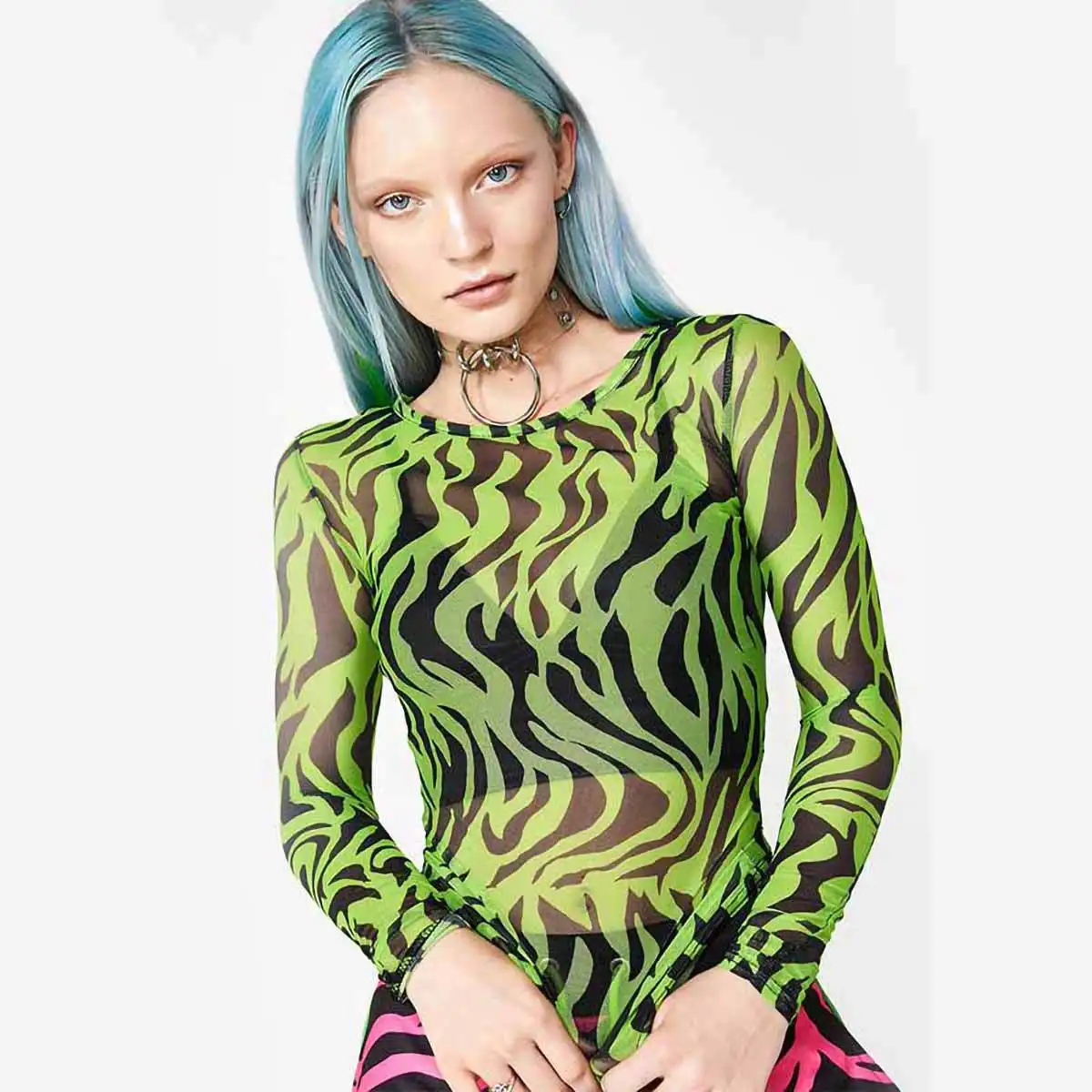 

Новая женская сетчатая прозрачная гофрированная облегающая женская Топ с длинным рукавом топ с абстрактным рисунком женский топ